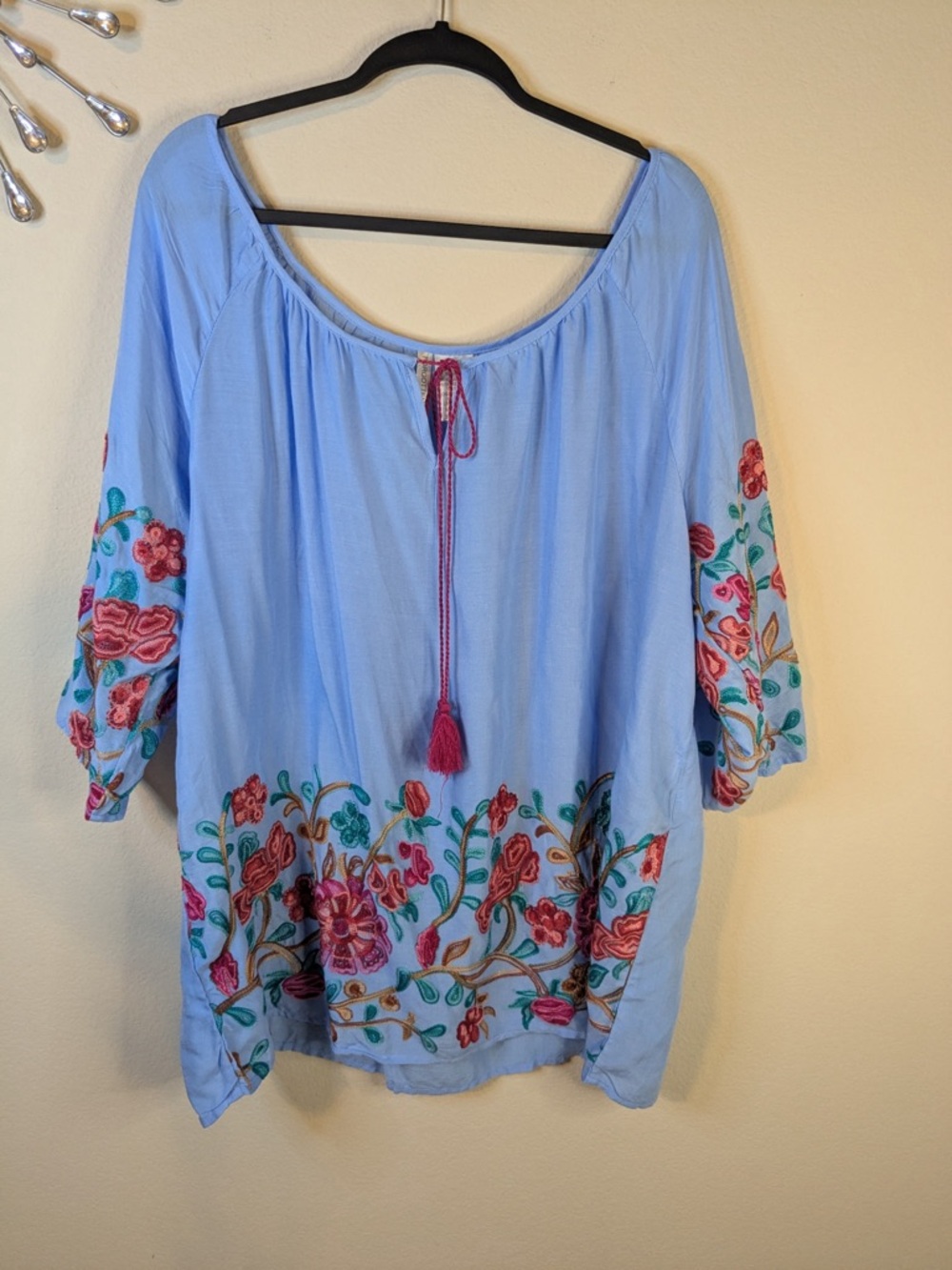 Embroidered Light Blue Peasant Tunic Top with Floral Detail 2X - Picture 3 of 7